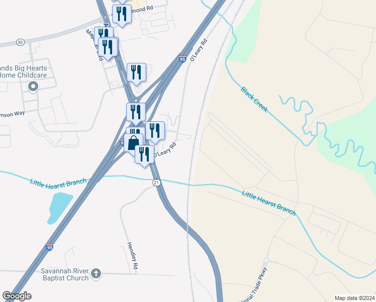 map of restaurants, bars, coffee shops, grocery stores, and more near 100 O'Leary Road in Port Wentworth