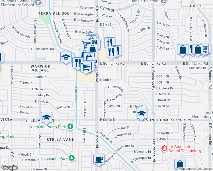 map of restaurants, bars, coffee shops, grocery stores, and more near 2921 South Marvin Avenue in Tucson