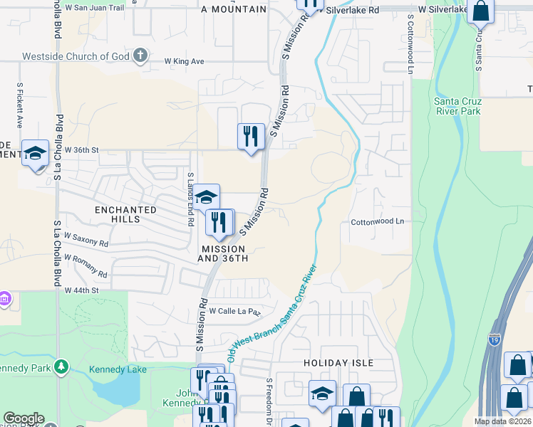 map of restaurants, bars, coffee shops, grocery stores, and more near 2907 South Mission Road in Tucson