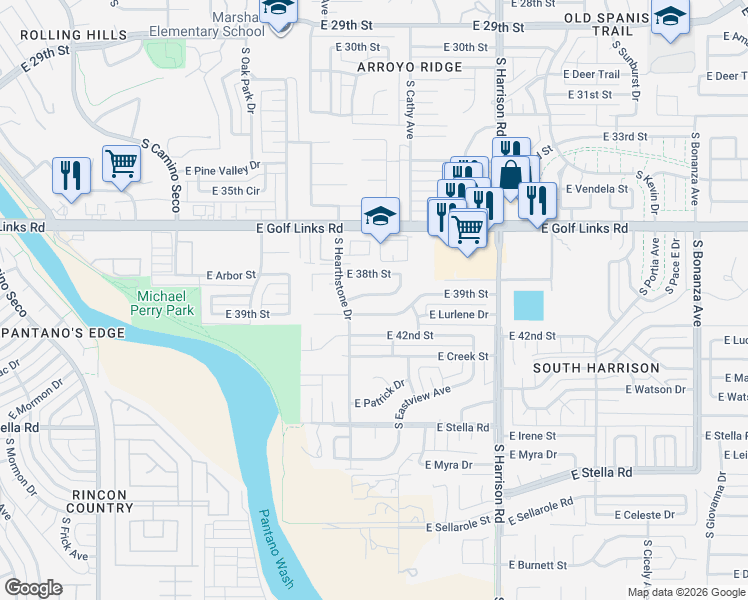map of restaurants, bars, coffee shops, grocery stores, and more near 9240 East Dolores Street in Tucson