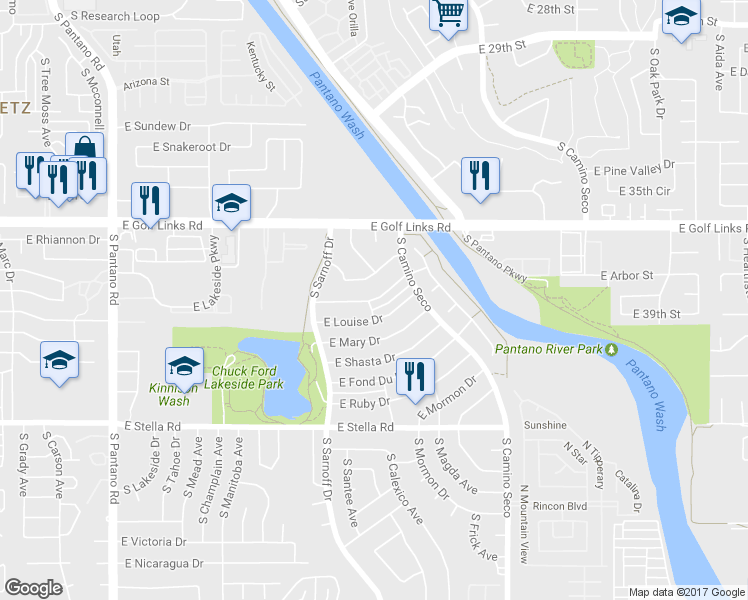 map of restaurants, bars, coffee shops, grocery stores, and more near East Pena Blanca Drive in Tucson
