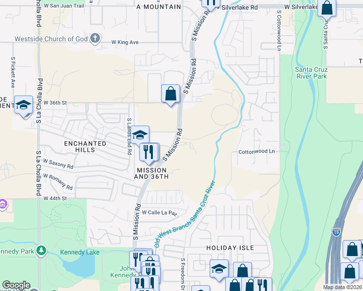 map of restaurants, bars, coffee shops, grocery stores, and more near 2907 South Mission Road in Tucson