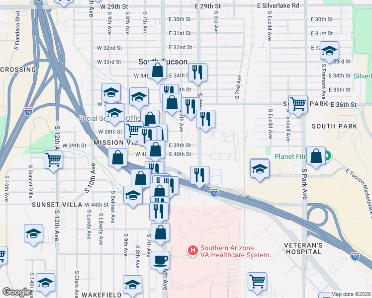 map of restaurants, bars, coffee shops, grocery stores, and more near 2920 South 5th Avenue in Tucson