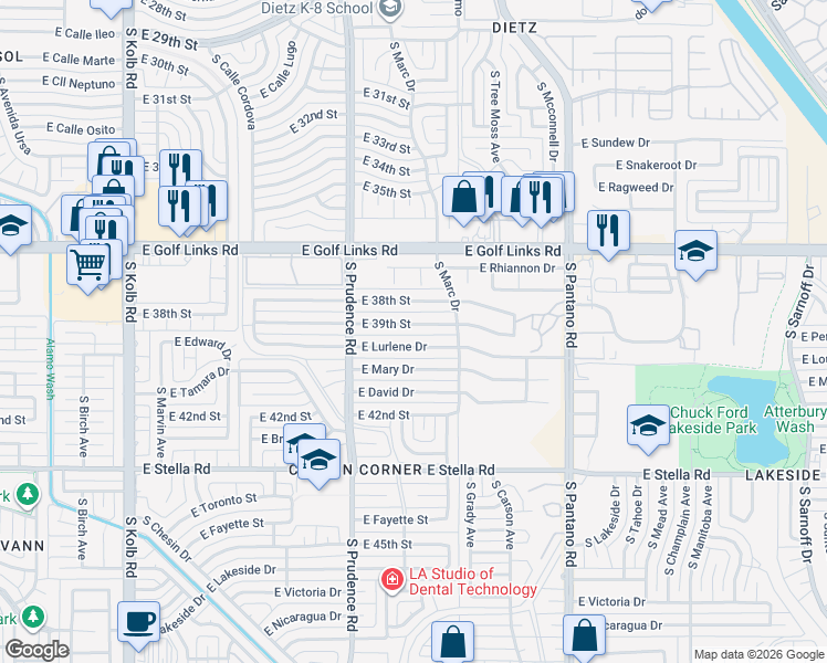 map of restaurants, bars, coffee shops, grocery stores, and more near 7562 East Lurlene Drive in Tucson