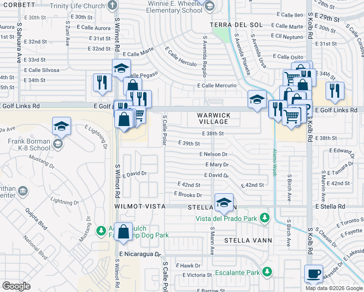 map of restaurants, bars, coffee shops, grocery stores, and more near 6602 East Nelson Drive in Tucson