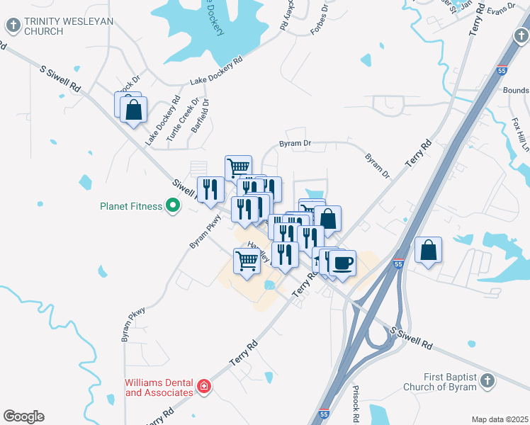 map of restaurants, bars, coffee shops, grocery stores, and more near 110 Byram Drive in Byram