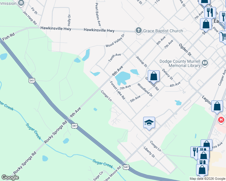 map of restaurants, bars, coffee shops, grocery stores, and more near 5222 Forest Lake Road in Eastman