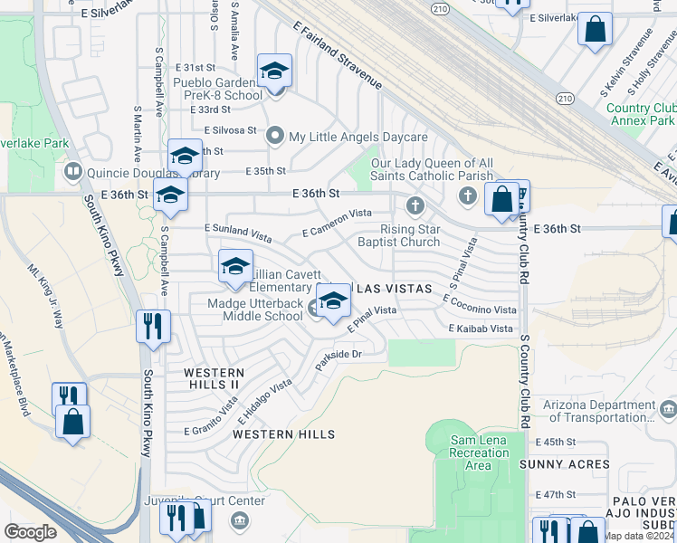 map of restaurants, bars, coffee shops, grocery stores, and more near 2703 South Coconino Vista in Tucson