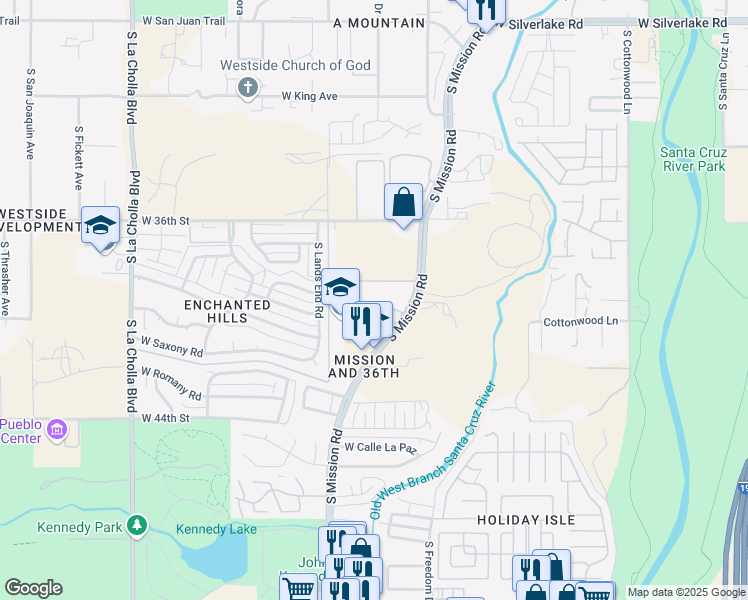 map of restaurants, bars, coffee shops, grocery stores, and more near 2800 South Mission Road in Tucson
