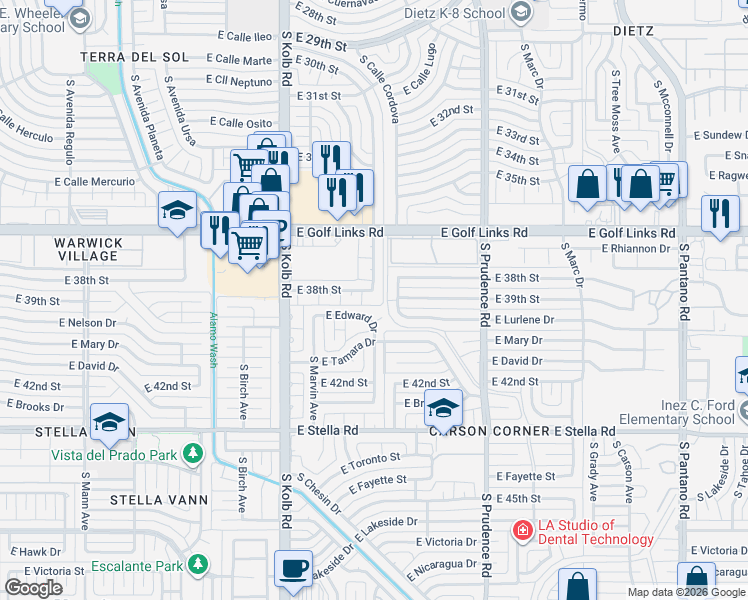 map of restaurants, bars, coffee shops, grocery stores, and more near 7290 East 38th Street in Tucson