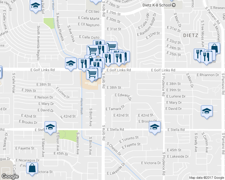 map of restaurants, bars, coffee shops, grocery stores, and more near 7136 East 38th Street in Tucson