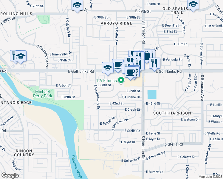 map of restaurants, bars, coffee shops, grocery stores, and more near 9258 East 38th Street in Tucson