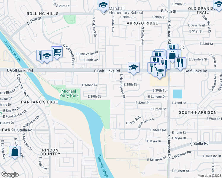 map of restaurants, bars, coffee shops, grocery stores, and more near 9120 East 38th Street in Tucson