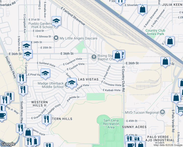 map of restaurants, bars, coffee shops, grocery stores, and more near 2602 Rickey Vista in Tucson