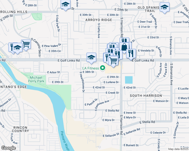 map of restaurants, bars, coffee shops, grocery stores, and more near 9258 East 38th Street in Tucson