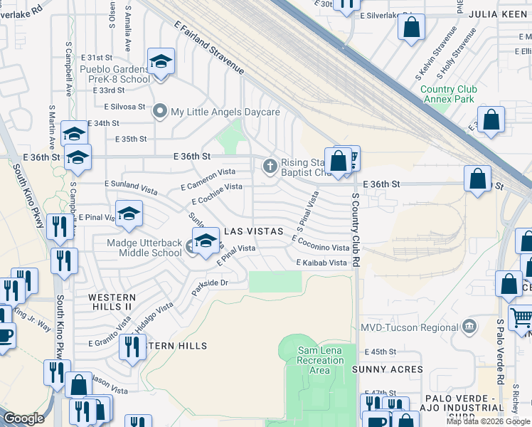 map of restaurants, bars, coffee shops, grocery stores, and more near 2602 Rickey Vista in Tucson