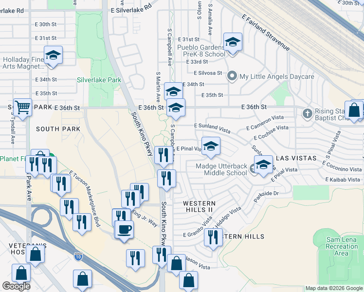 map of restaurants, bars, coffee shops, grocery stores, and more near 1936 East Vera Cruz Vista in Tucson