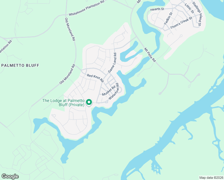 map of restaurants, bars, coffee shops, grocery stores, and more near 20 Waterfowl Road in Bluffton