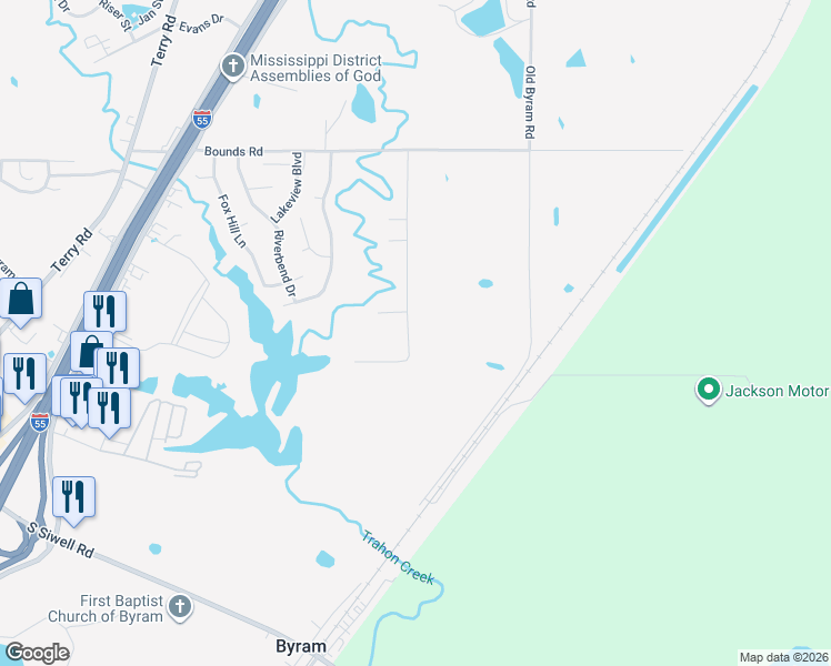 map of restaurants, bars, coffee shops, grocery stores, and more near 412 Willow Bay Drive in Byram