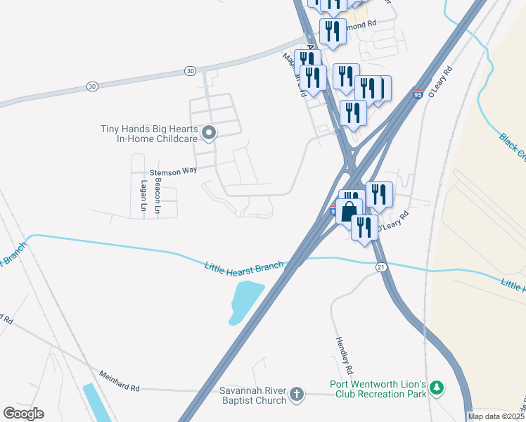 map of restaurants, bars, coffee shops, grocery stores, and more near 50 Newport Boulevard in Port Wentworth