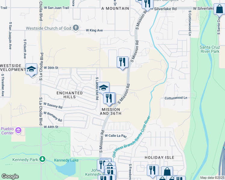 map of restaurants, bars, coffee shops, grocery stores, and more near 2800 South Mission Road in Tucson