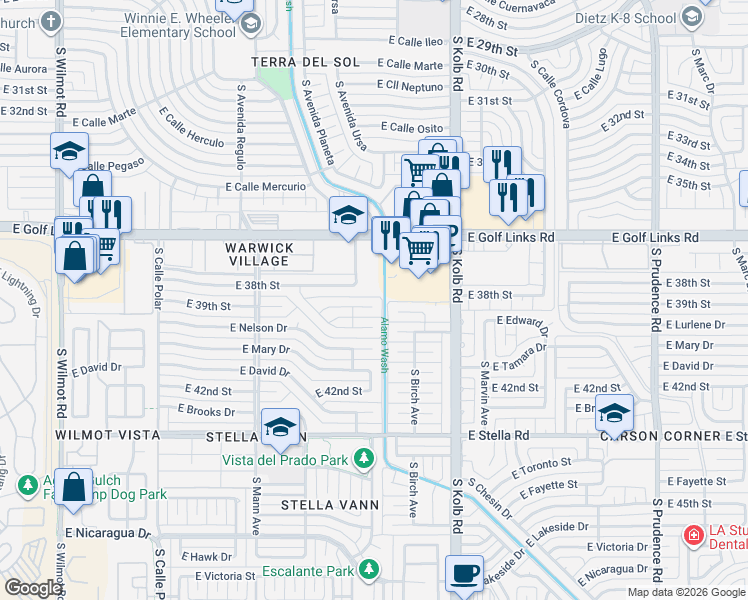 map of restaurants, bars, coffee shops, grocery stores, and more near 6931 East 39th Street in Tucson