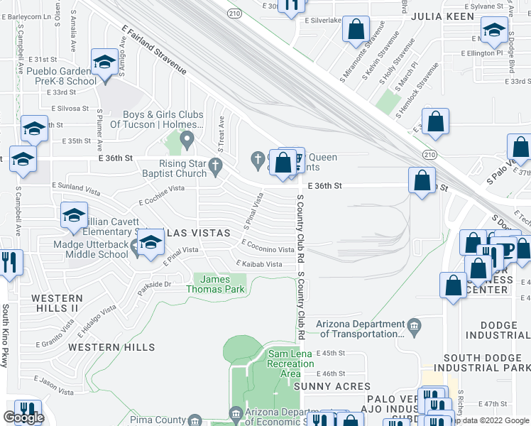 map of restaurants, bars, coffee shops, grocery stores, and more near 2917 East Rickey Vista Street in Tucson