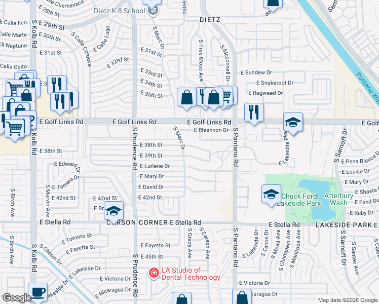 map of restaurants, bars, coffee shops, grocery stores, and more near 7720 East 38th Street in Tucson
