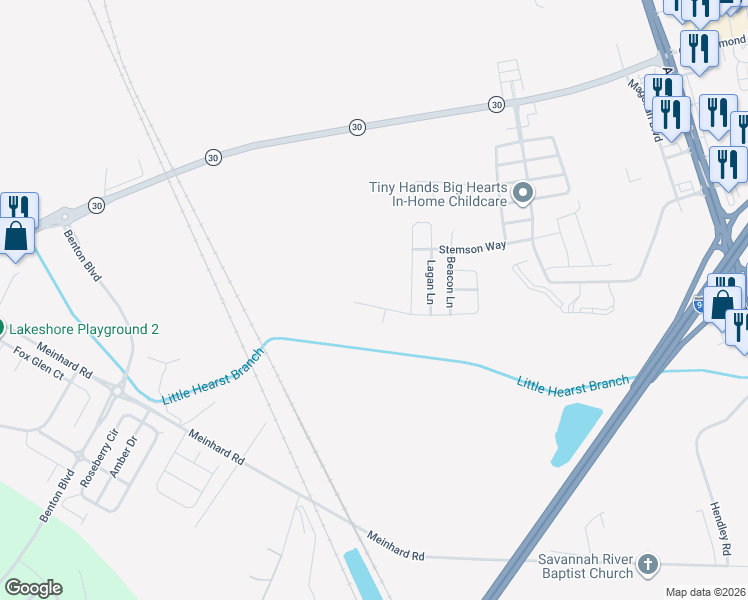 map of restaurants, bars, coffee shops, grocery stores, and more near 87 Tiller Way in Savannah