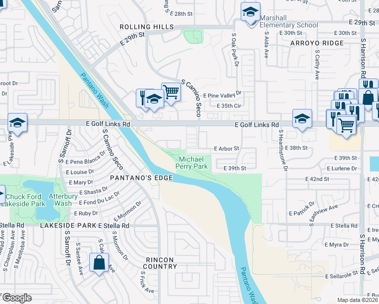 map of restaurants, bars, coffee shops, grocery stores, and more near 8806 East Arbor Street in Tucson