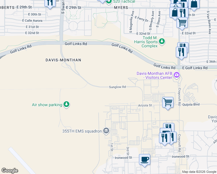 map of restaurants, bars, coffee shops, grocery stores, and more near Sunglow Rd in Tucson