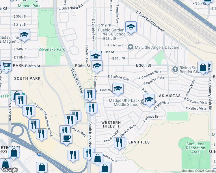 map of restaurants, bars, coffee shops, grocery stores, and more near 1996 Vera Cruz Vista in Tucson