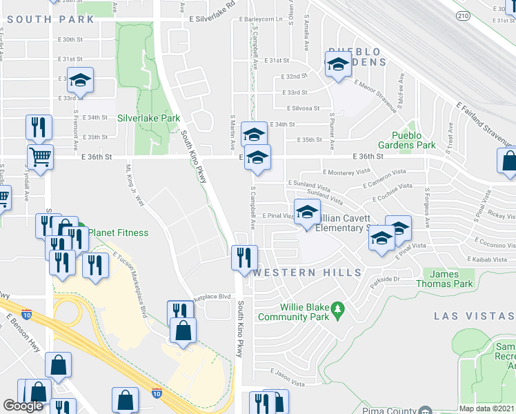 map of restaurants, bars, coffee shops, grocery stores, and more near 1924 Vera Cruz Vista in Tucson