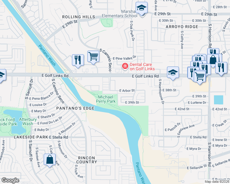 map of restaurants, bars, coffee shops, grocery stores, and more near 2761 South Oakenshield Way in Tucson