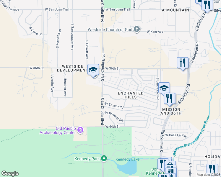 map of restaurants, bars, coffee shops, grocery stores, and more near 2031 West Merlin Road in Tucson