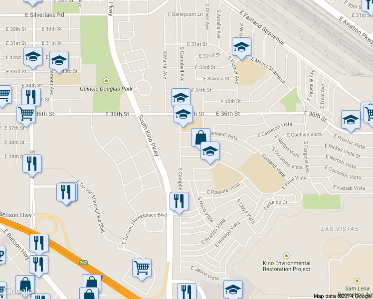 map of restaurants, bars, coffee shops, grocery stores, and more near 1936 E Vera Cruz Vista in Tucson