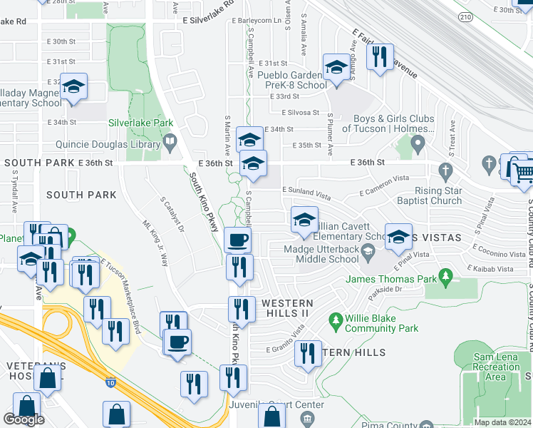 map of restaurants, bars, coffee shops, grocery stores, and more near 1960 E Vera Cruz Vista in Tucson