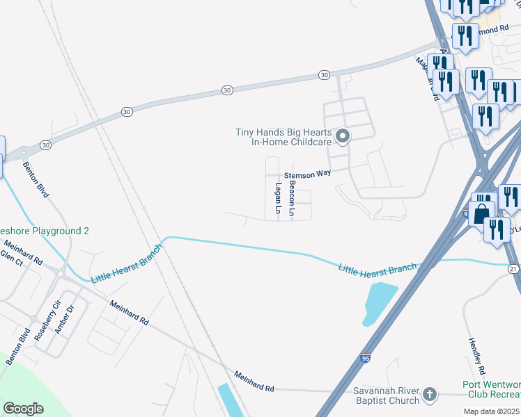 map of restaurants, bars, coffee shops, grocery stores, and more near 67 Corsair Circle in Port Wentworth