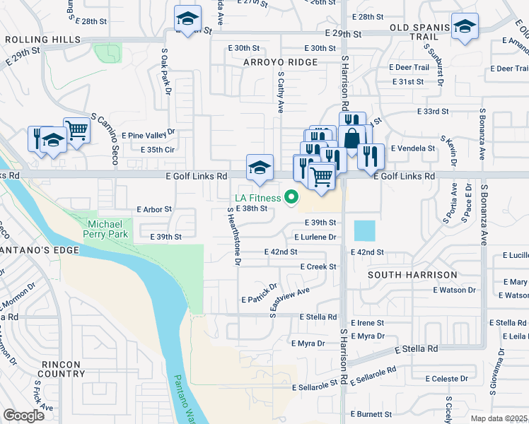 map of restaurants, bars, coffee shops, grocery stores, and more near 9258 E 38th St in Tucson