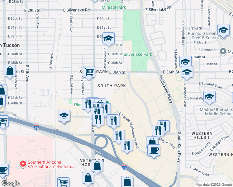 map of restaurants, bars, coffee shops, grocery stores, and more near 2743 South Ayala Street in Tucson