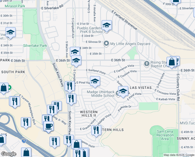 map of restaurants, bars, coffee shops, grocery stores, and more near 2125 East Vera Cruz Vista Street in Tucson