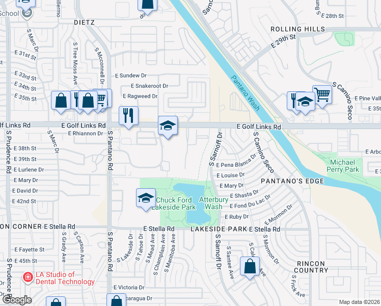map of restaurants, bars, coffee shops, grocery stores, and more near Saddleback Avenue South in Tucson