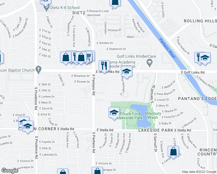 map of restaurants, bars, coffee shops, grocery stores, and more near 7941 East Lakeside Parkway in Tucson