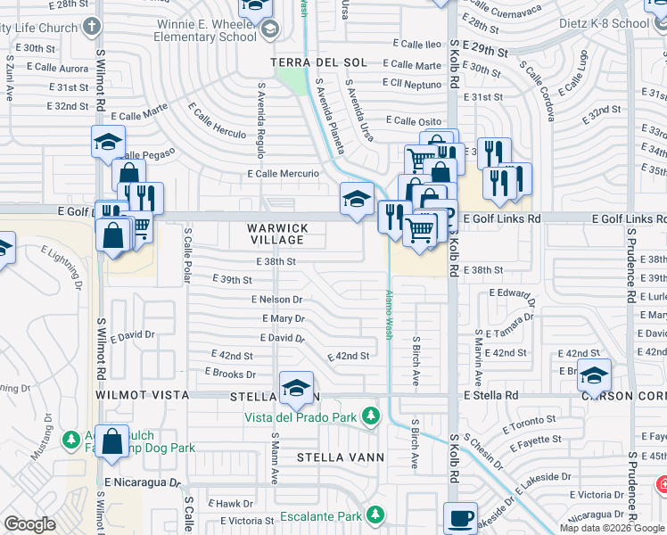 map of restaurants, bars, coffee shops, grocery stores, and more near 6816 East 38th Street in Tucson
