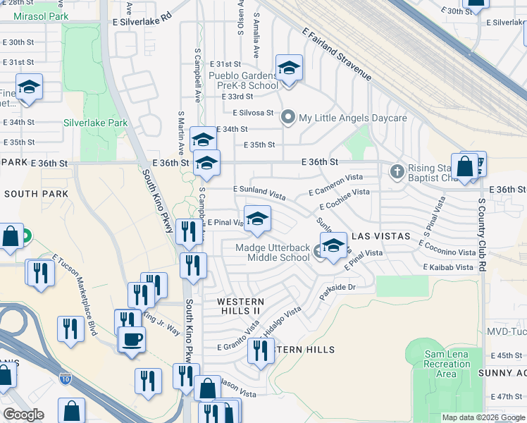 map of restaurants, bars, coffee shops, grocery stores, and more near 2125 East Vera Cruz Vista Street in Tucson