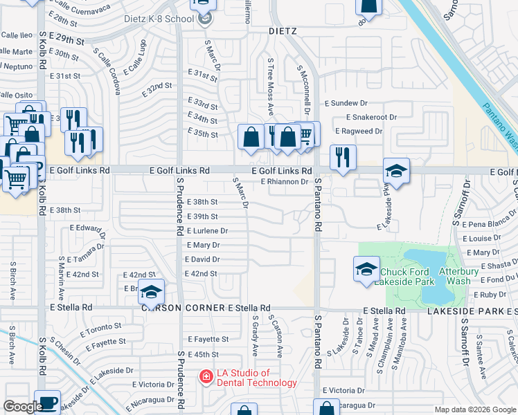 map of restaurants, bars, coffee shops, grocery stores, and more near 7720 East 38th Street in Tucson