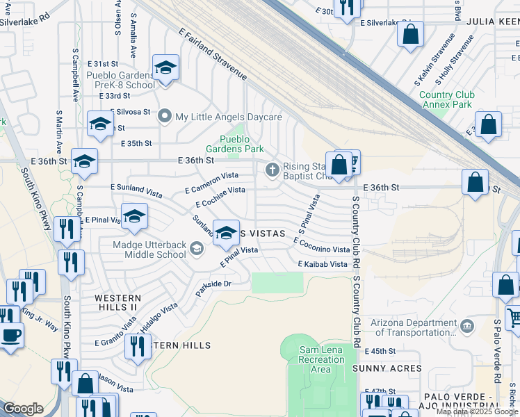 map of restaurants, bars, coffee shops, grocery stores, and more near 2602 Rickey Vista in Tucson