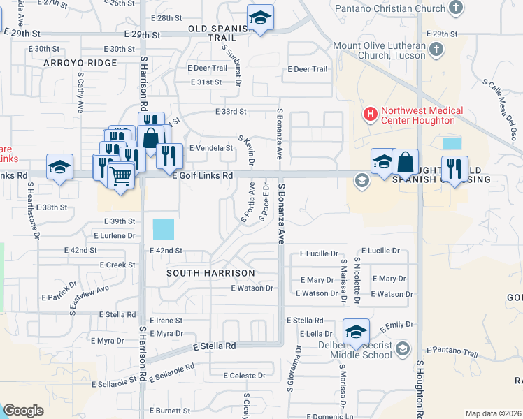 map of restaurants, bars, coffee shops, grocery stores, and more near 2718 South Pace East Drive in Tucson