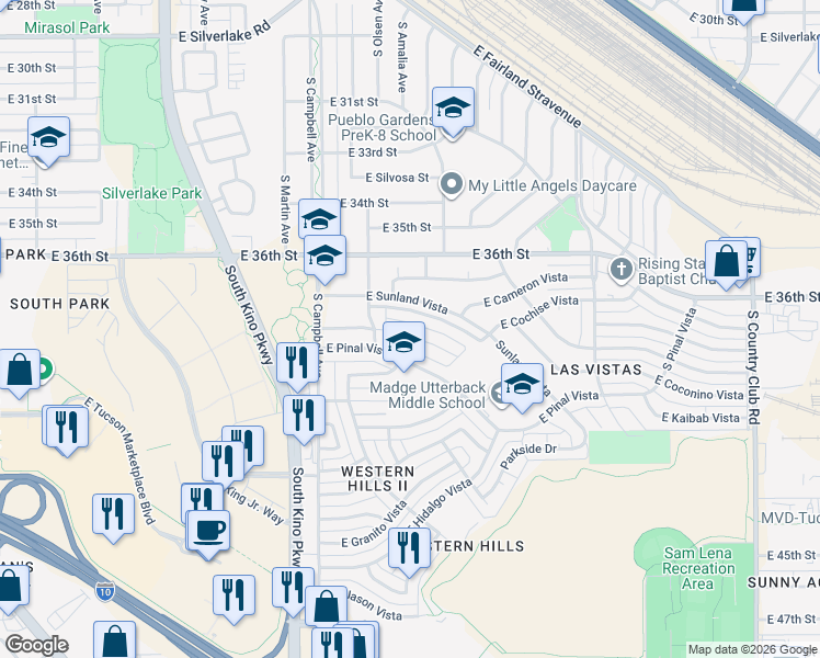 map of restaurants, bars, coffee shops, grocery stores, and more near 2125 East Vera Cruz Vista Street in Tucson