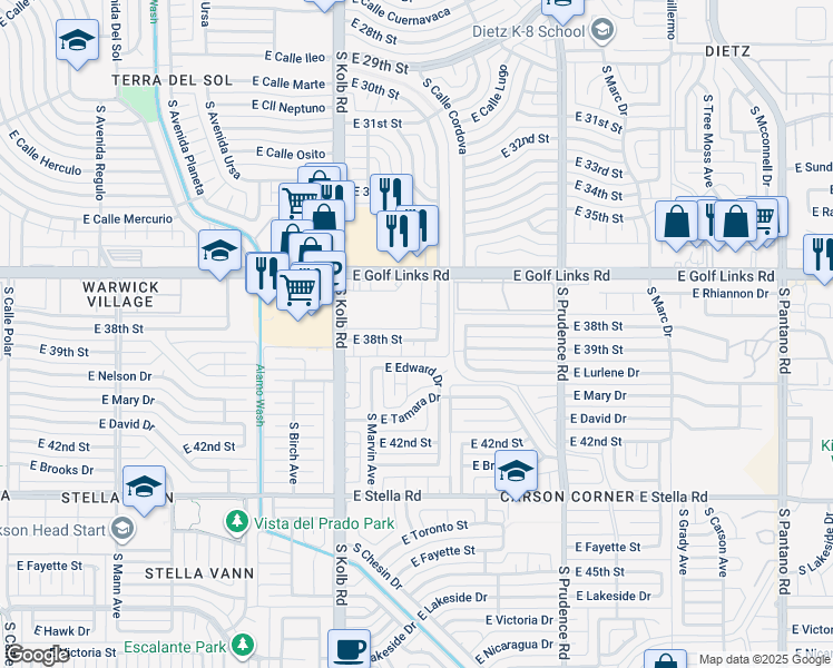 map of restaurants, bars, coffee shops, grocery stores, and more near 7241 East 38th Street in Tucson